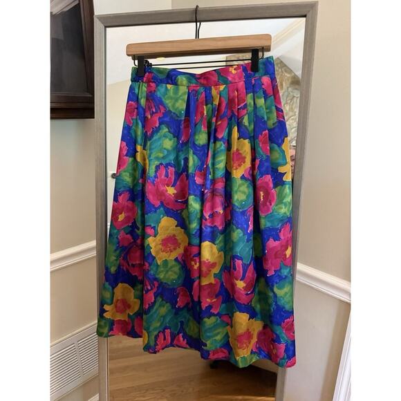 Russ Vintage 80s Floral Skirt High Waist Midi Pleated Bold Bright Print Size 12 - Picture 2 of 4